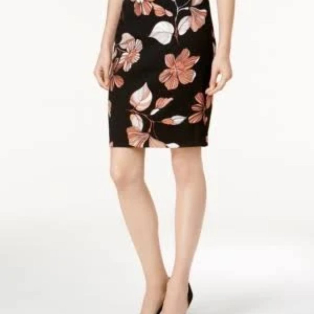 NWT Nine West Black Copper Floral Print Crepe Stretch Slim Pencil Skirt Size 6